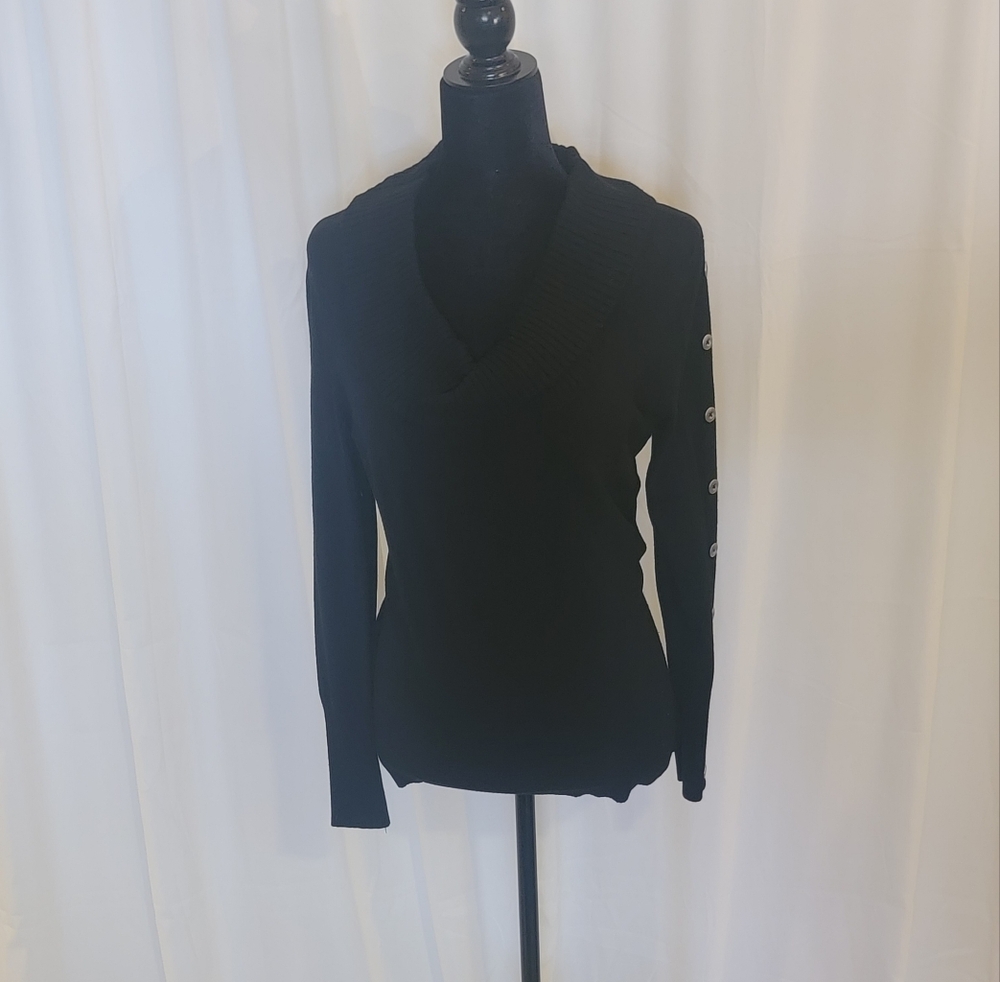 White House Black Market Medium Black Cowl Neck Sweater with Silver Button Sleev